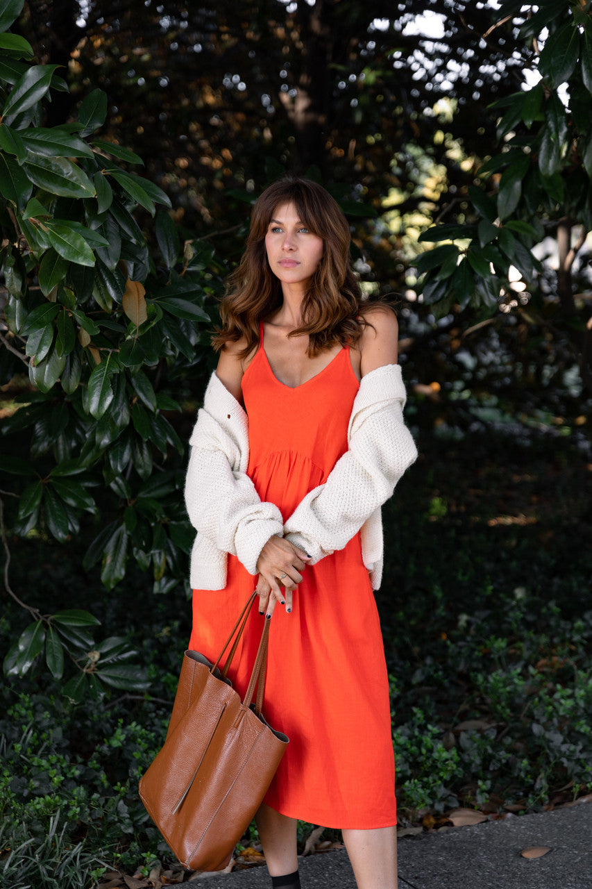 Faro Dress in Recycled Blood Orange Linen Made to Order