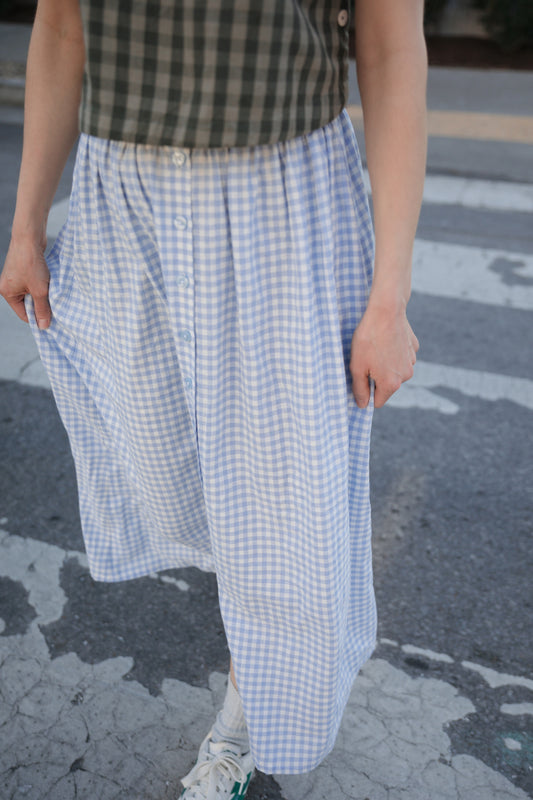 Perry Gathered Midi Skirt in Sea Blue Gingham - L Left