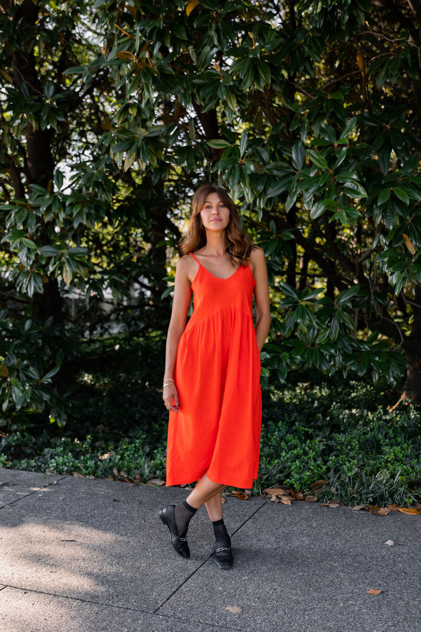 Faro Dress in Recycled Blood Orange Linen Made to Order