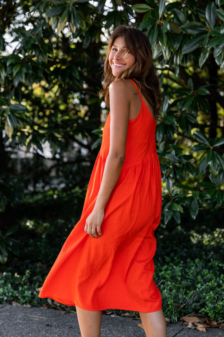 Faro Dress in Recycled Blood Orange Linen Made to Order