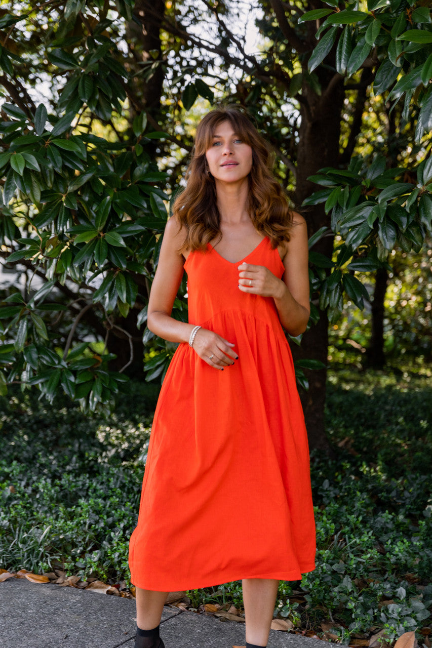 Faro Dress in Recycled Blood Orange Linen Made to Order
