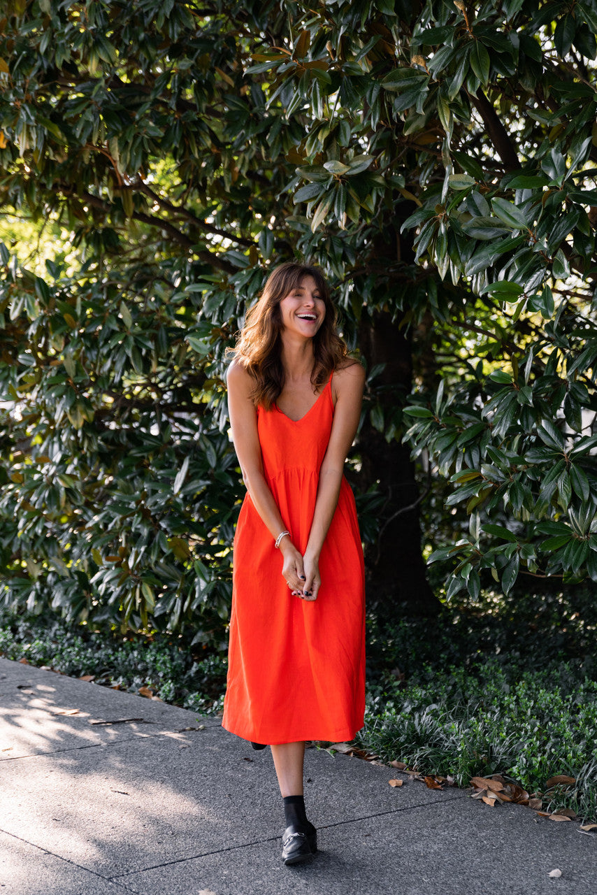 Faro Dress in Recycled Blood Orange Linen Made to Order