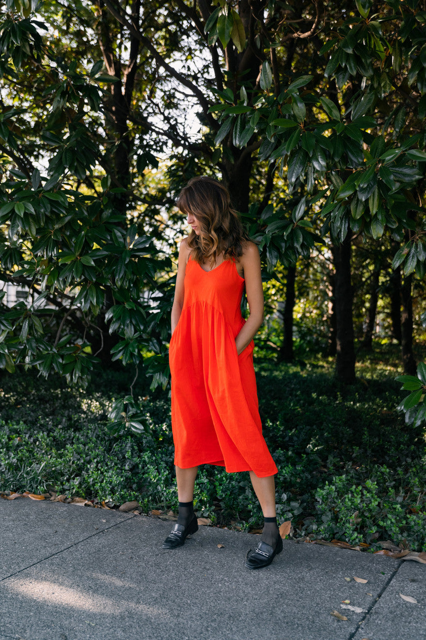 Faro Dress in Recycled Blood Orange Linen Made to Order