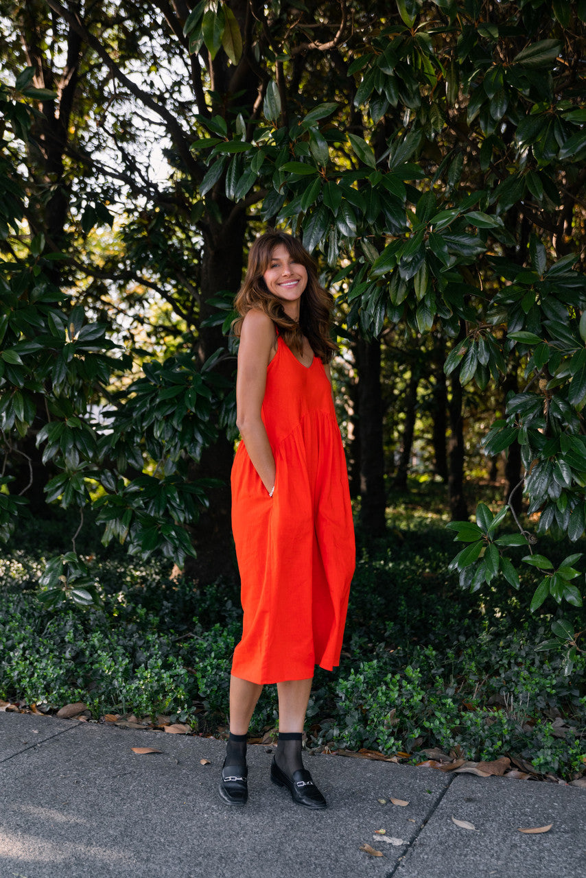 Faro Dress in Recycled Blood Orange Linen Made to Order