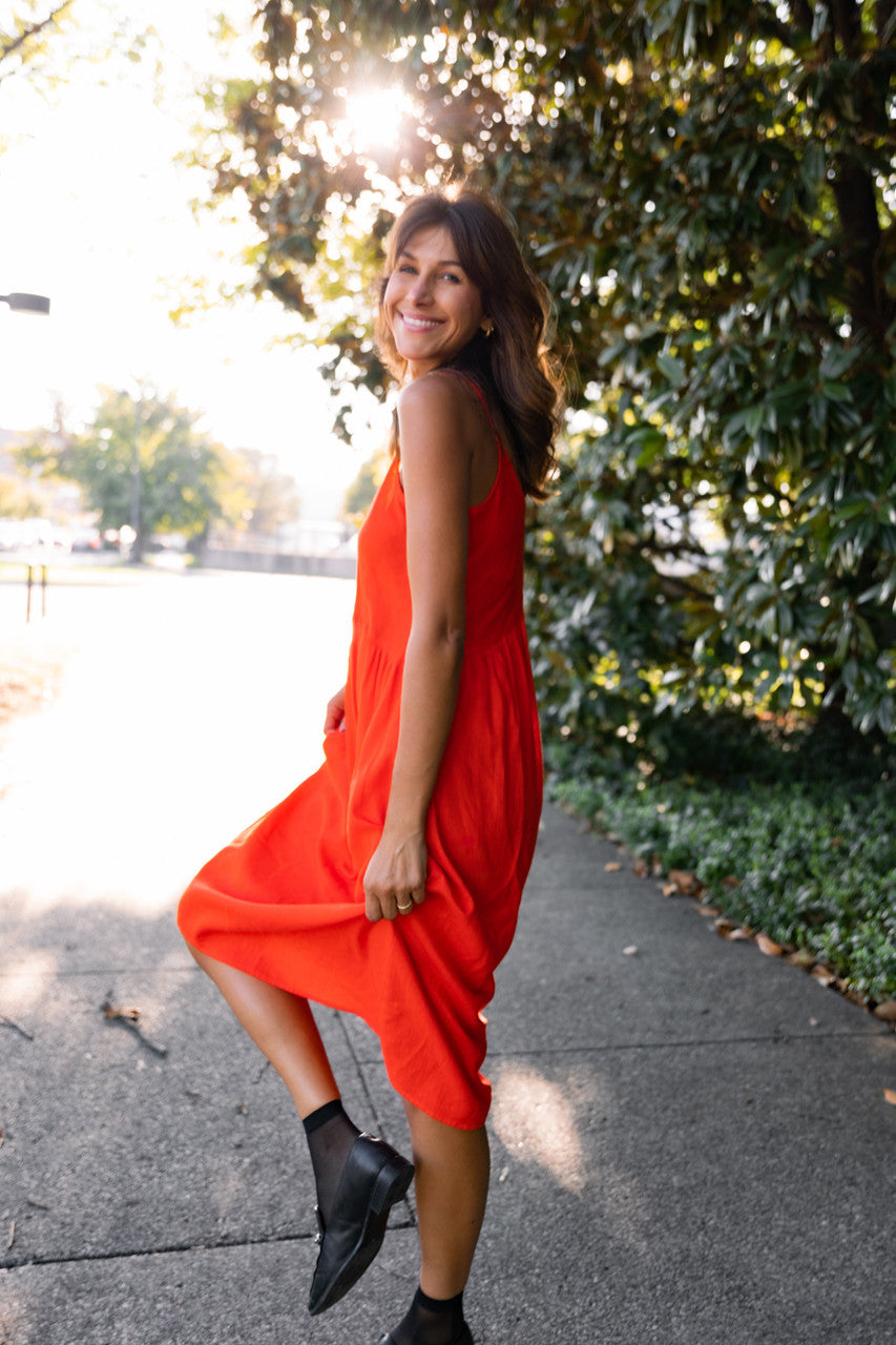 Faro Dress in Recycled Blood Orange Linen Made to Order