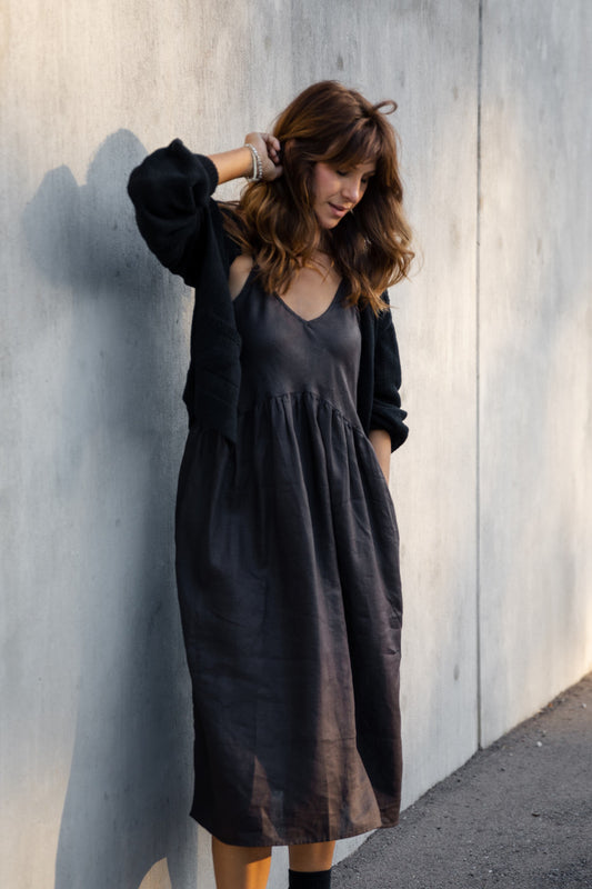 Faro Dress in Recycled Dark Chocolate Brown Linen Made to Order