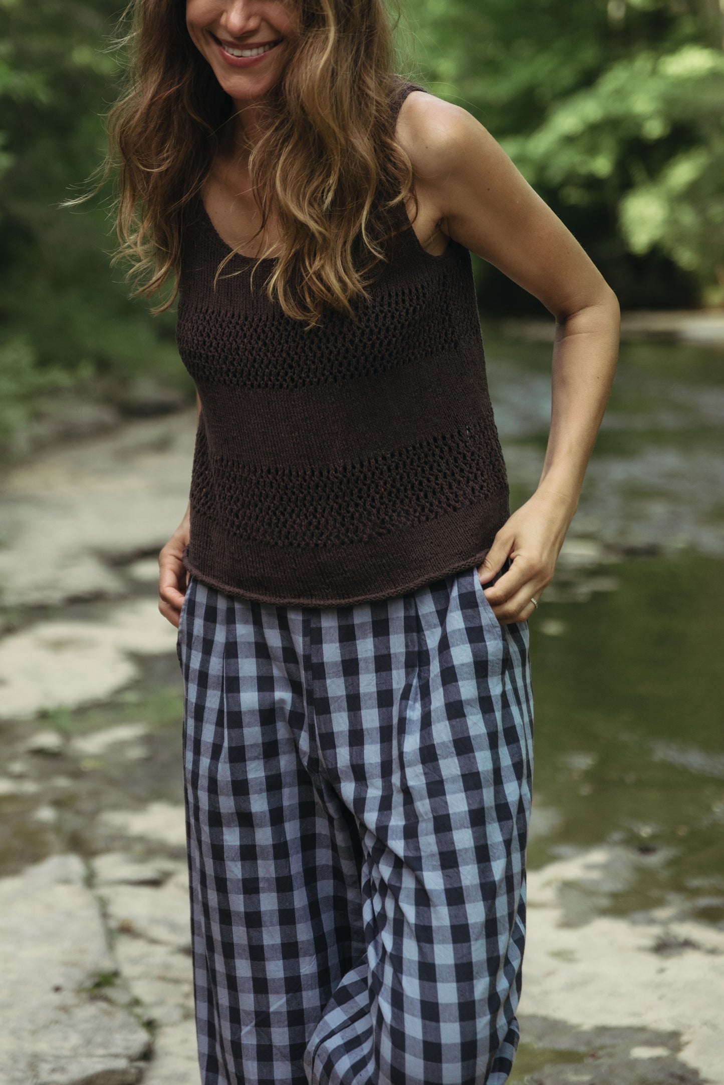 Lindy Hand Knit Cotton Lace Tank in Mauve Brown