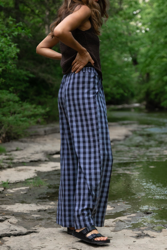 Katie Handwoven Cotton Pants in Navy Gingham Made to Order
