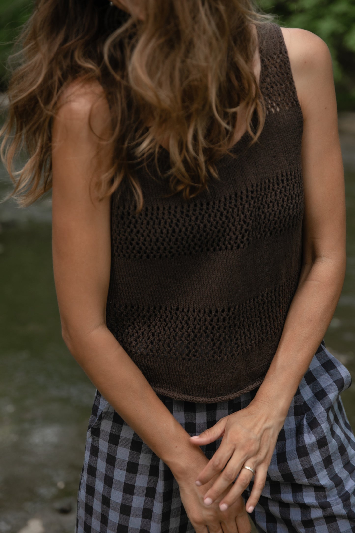 Lindy Hand Knit Cotton Lace Tank in Mauve Brown