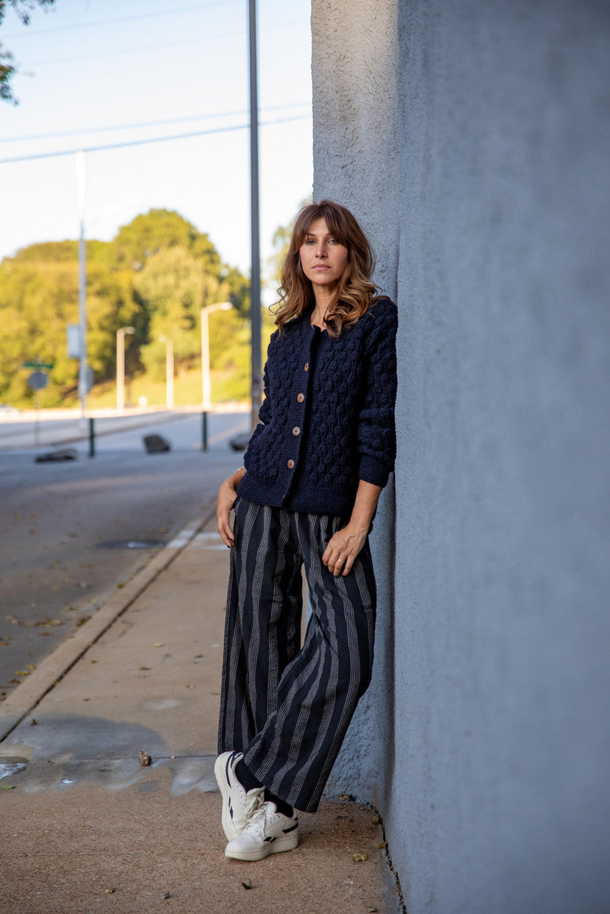 Katie Handwoven Cotton Set in Black and White Stripe - XS Shirt Left