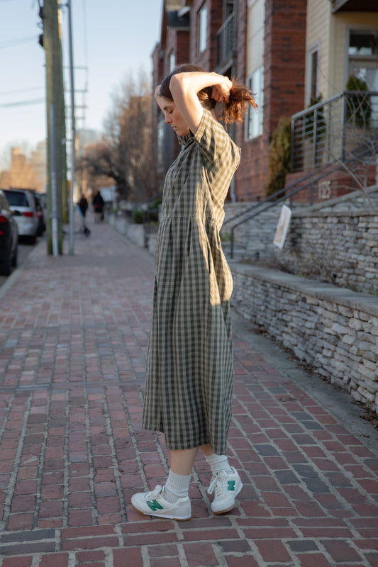 Eloise Handwoven Cotton Dress in Green Gingham Made to Order