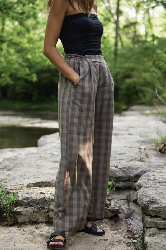 Handwoven Cotton Pants in Mauve Gingham