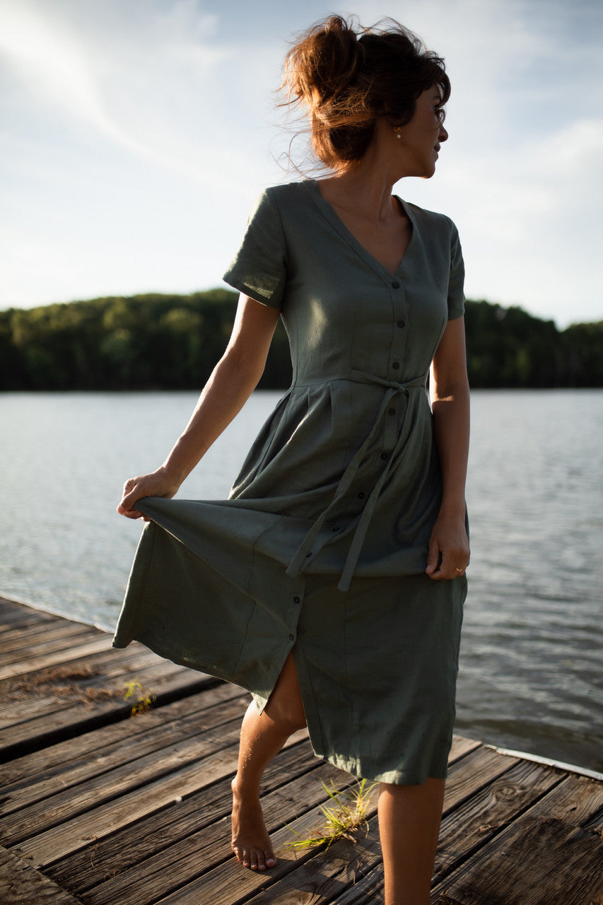 June Dress Short Sleeves in Sage Green Linen/Cotton - M and XL Left