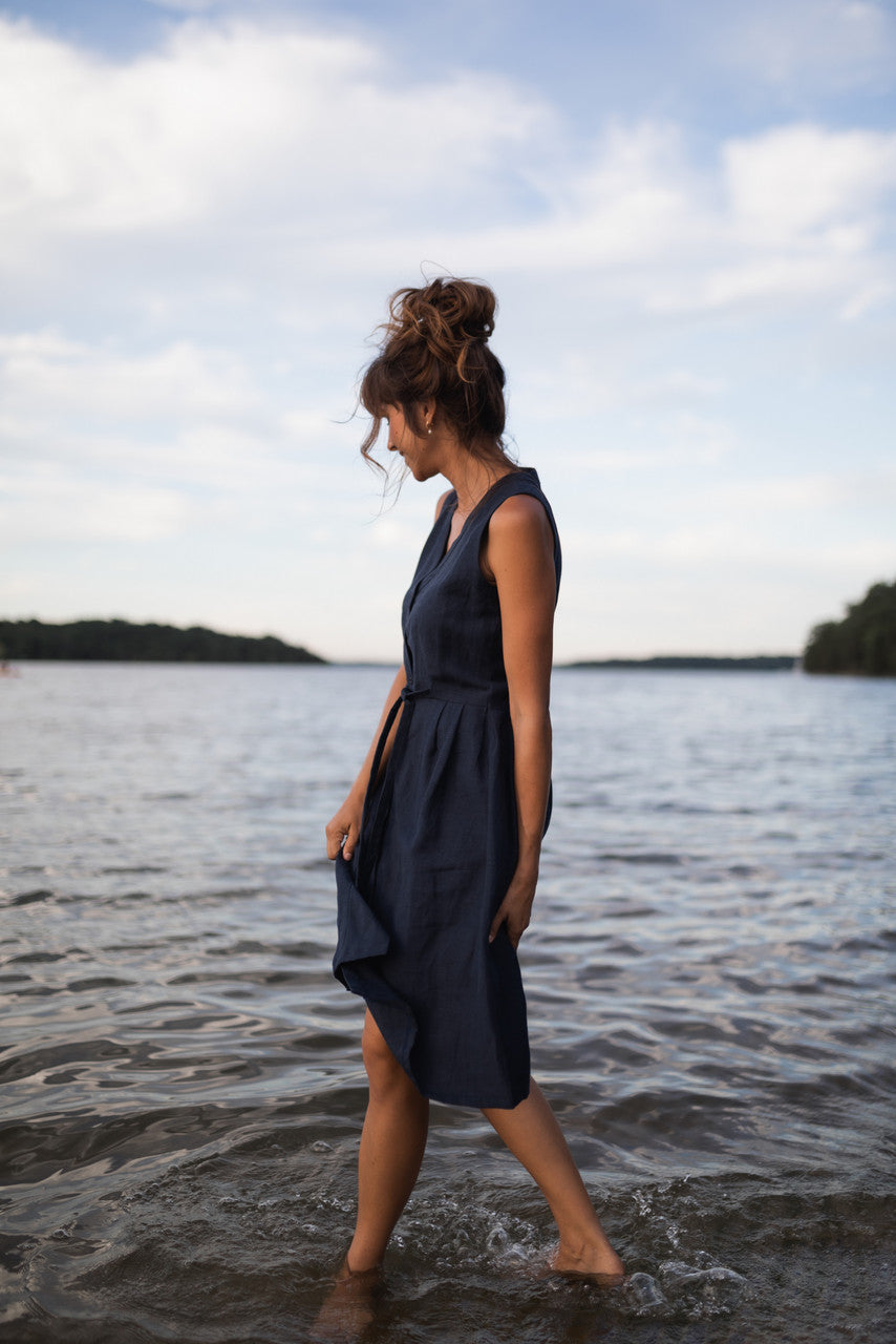 June Dress Sleeveless in Navy Linen - M, L and XL Left