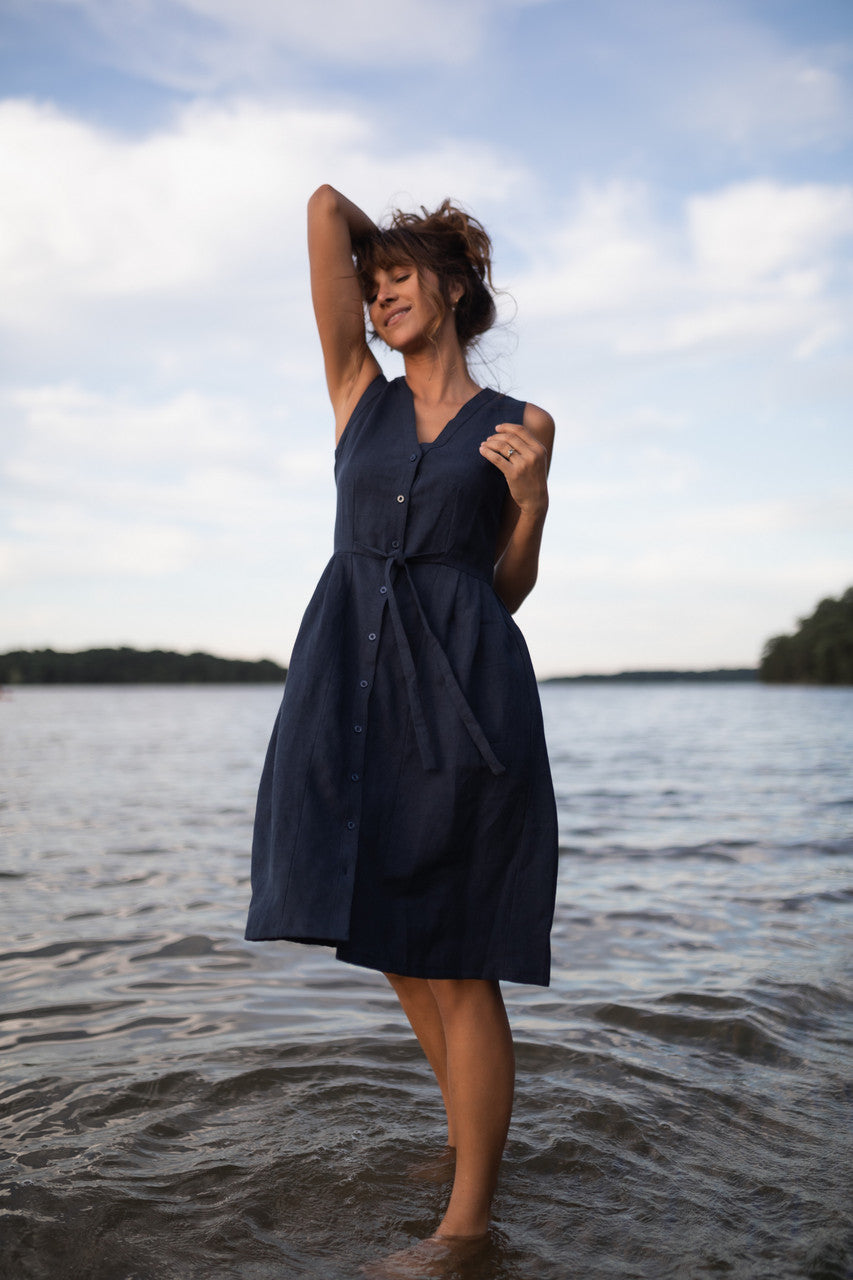June Dress Sleeveless in Navy Linen - M, L and XL Left