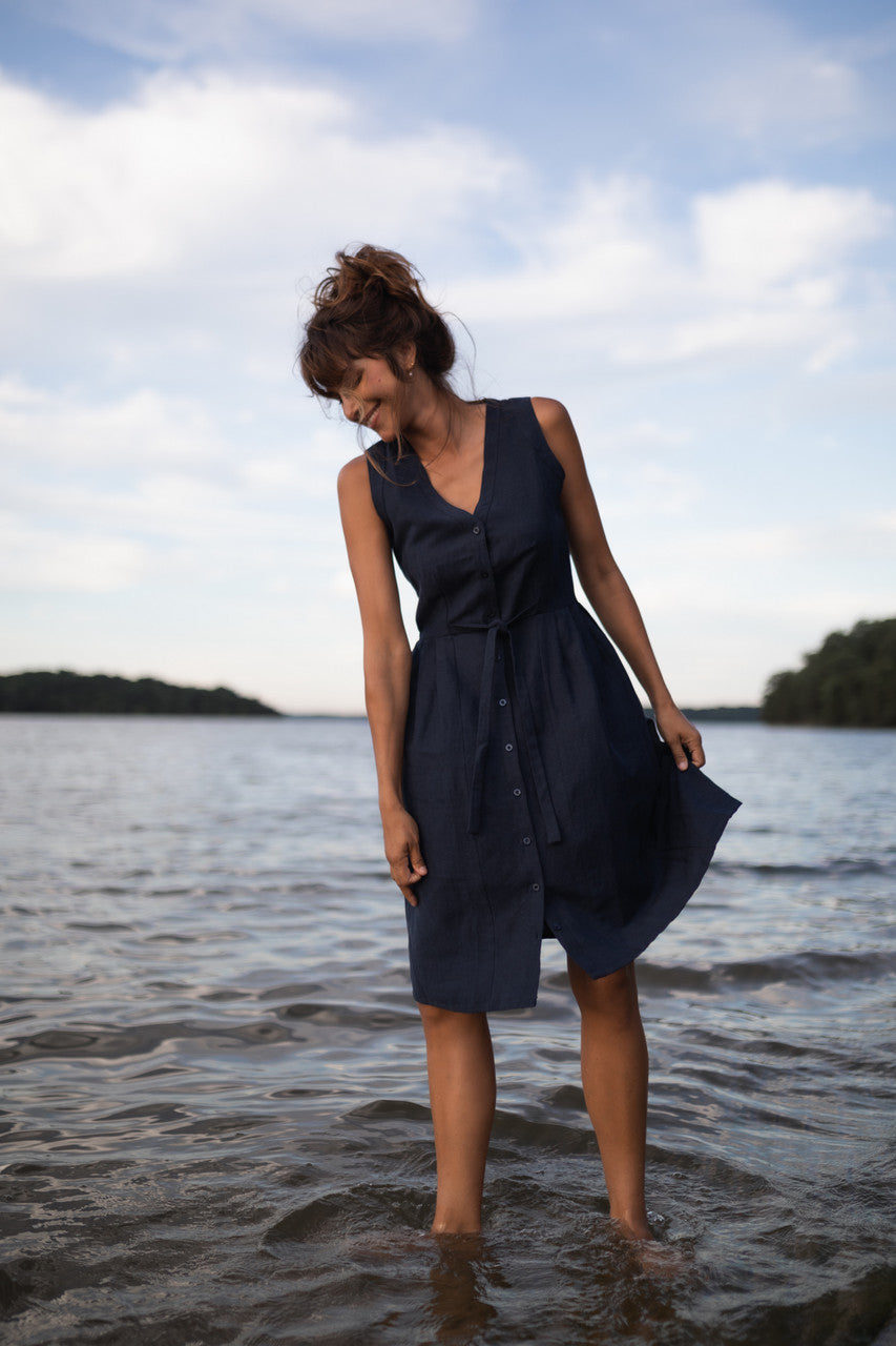 June Dress Sleeveless in Navy Linen - M, L and XL Left