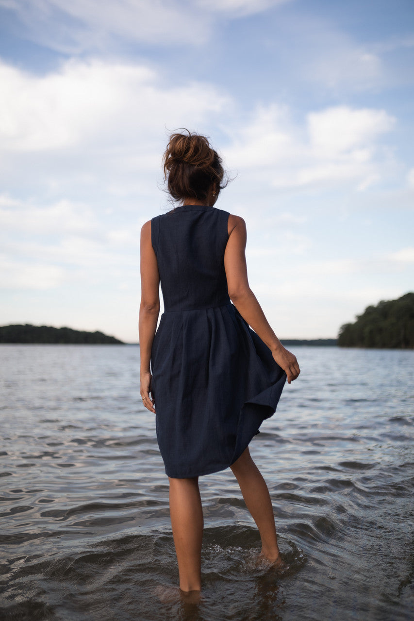 June Dress Sleeveless in Navy Linen - M, L and XL Left