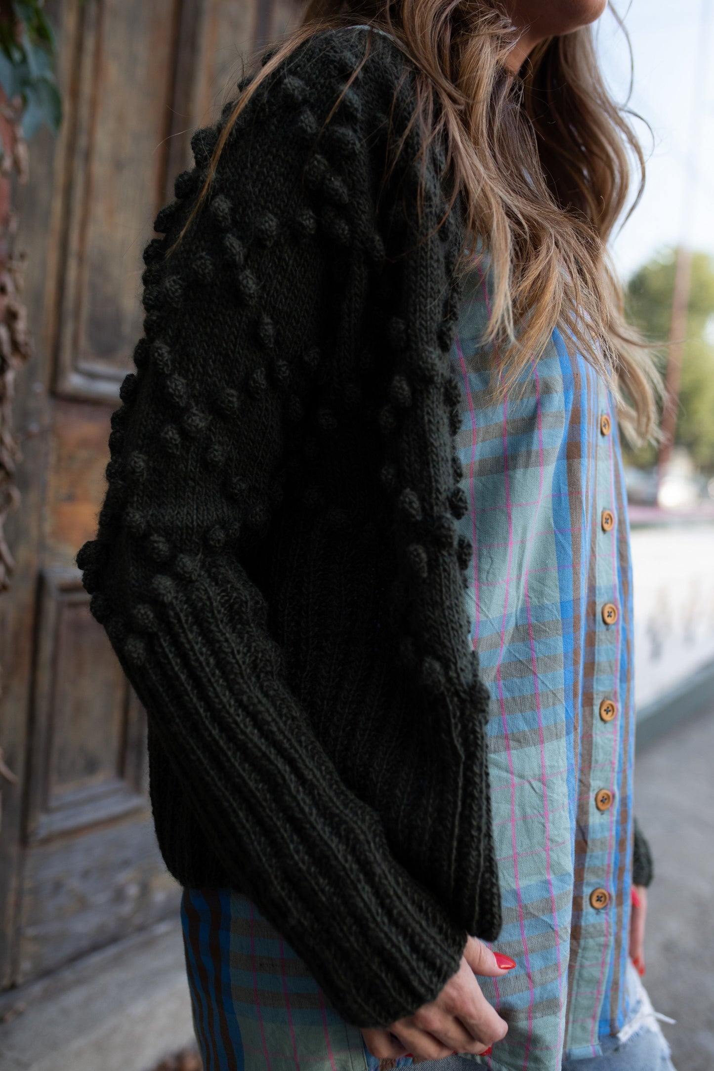 Hand Knit Nepali Wool Jill Sweater in Heather Green - S Left
