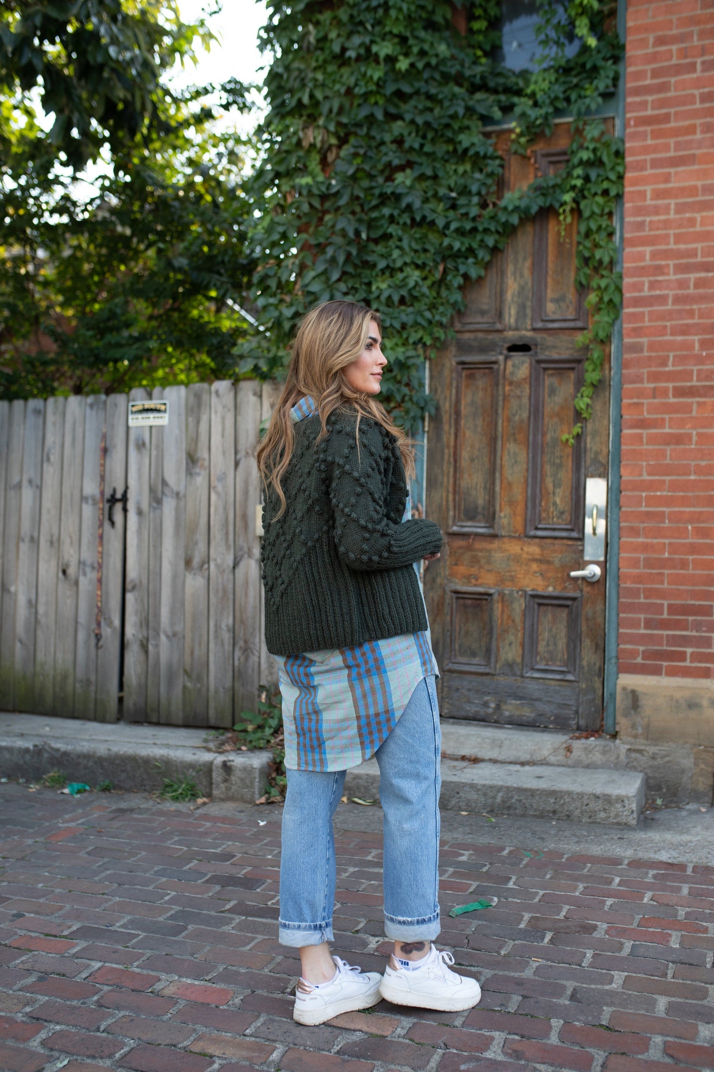 Hand Knit Nepali Wool Jill Sweater in Heather Green - S Left