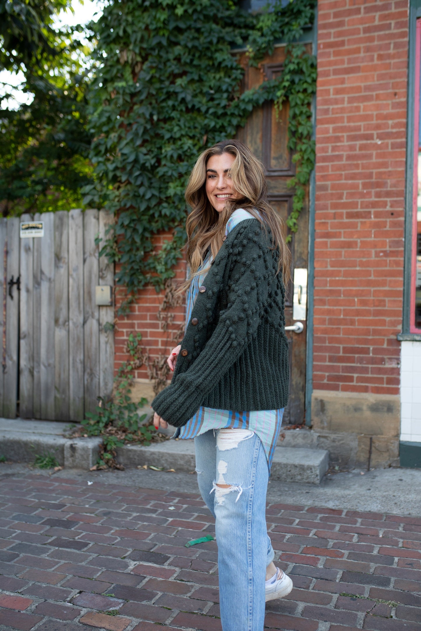 Hand Knit Nepali Wool Jill Sweater in Heather Green - S Left