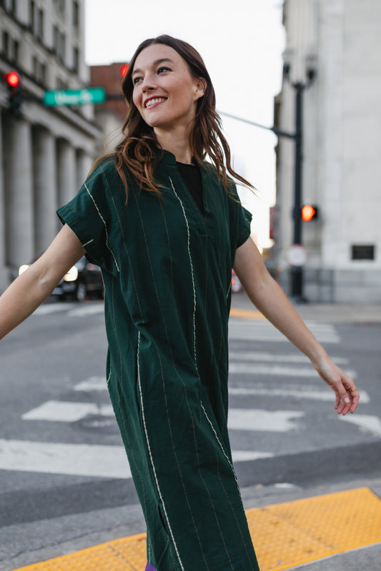 Paula Handwoven Cotton Tunic Dress in Dark Green Made to Order