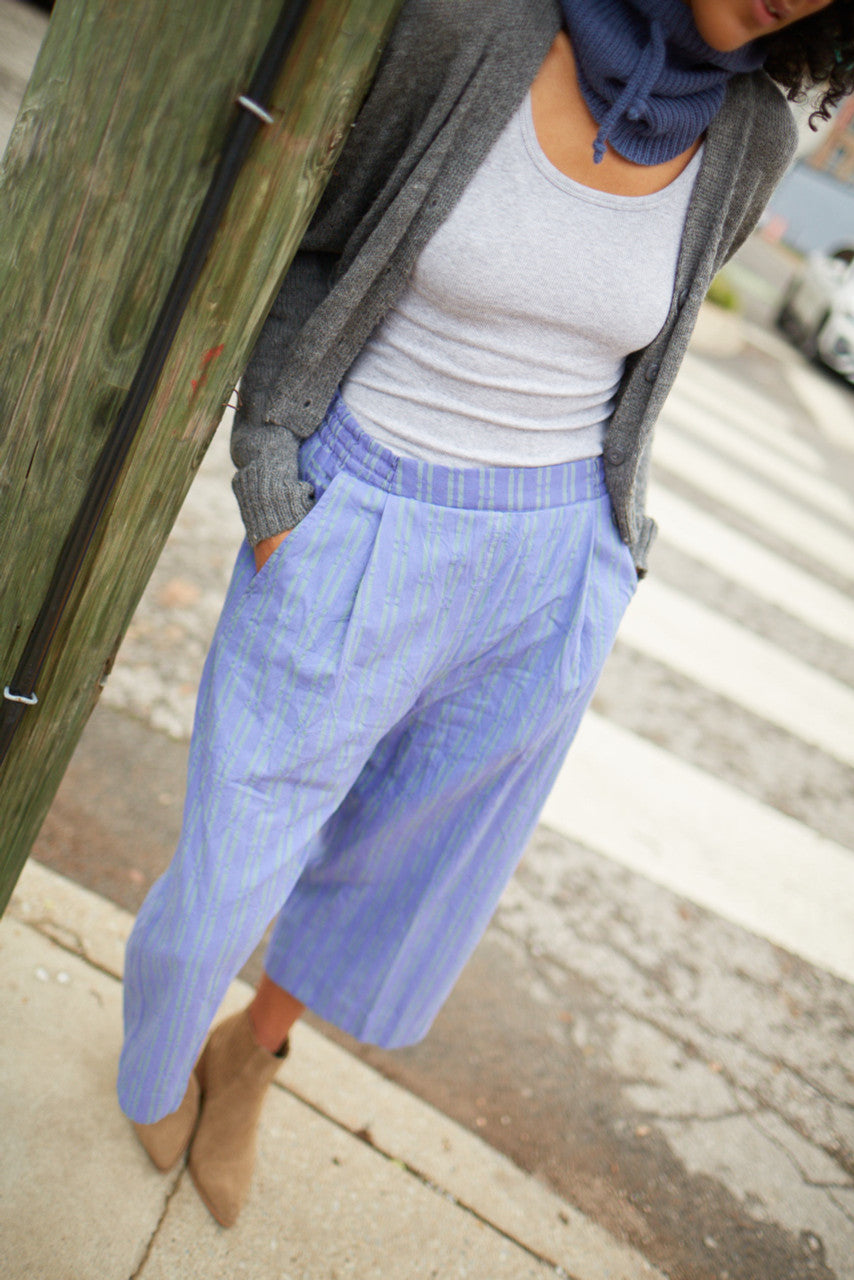 Katie Handwoven Cotton Periwinkle and Silver Separates - M Cropped Pants