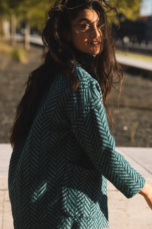 Portuguese Wool Pieper Coat in Teal Herringbone Made to Order February