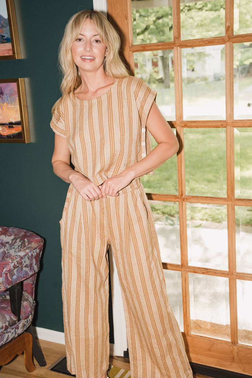 Katie Handwoven Cotton Set in Mustard and Cream Stripe - S and M Pants Left
