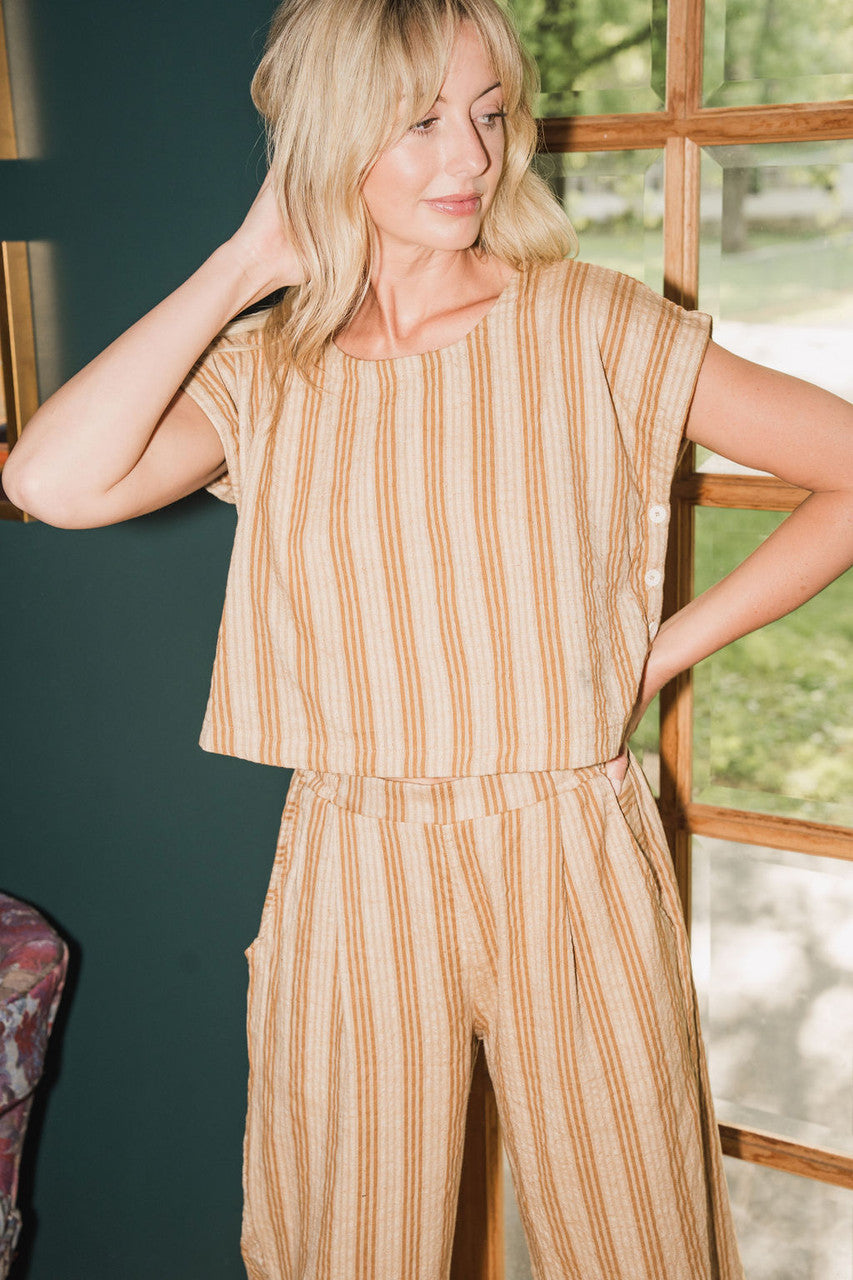 Katie Handwoven Cotton Set in Mustard and Cream Stripe - S and M Pants Left