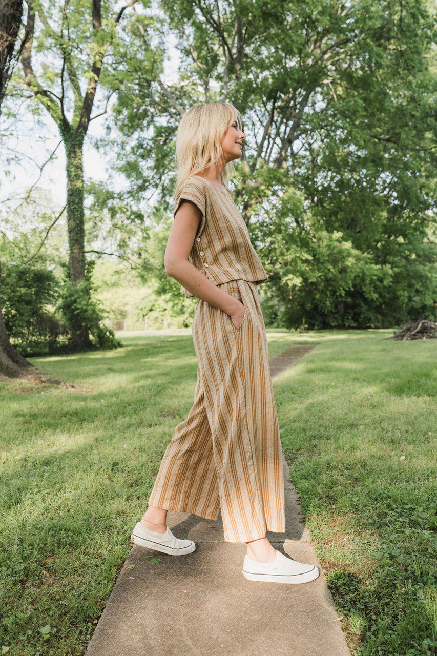 Katie Handwoven Cotton Set in Mustard and Cream Stripe - S and M Pants Left