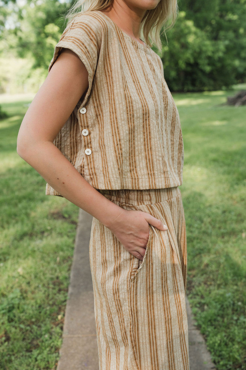 Katie Handwoven Cotton Set in Mustard and Cream Stripe - S and M Pants Left