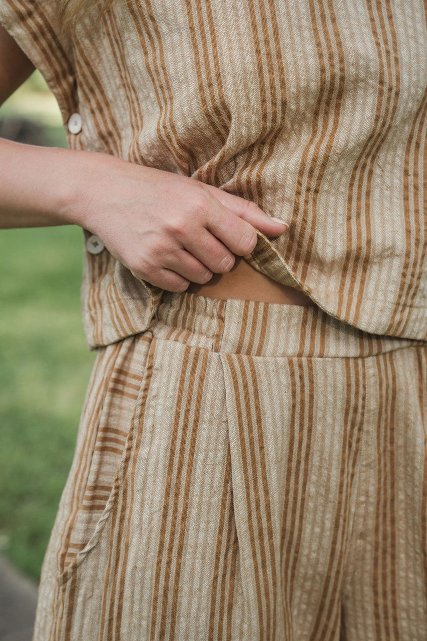 Katie Handwoven Cotton Set in Mustard and Cream Stripe - S and M Pants Left