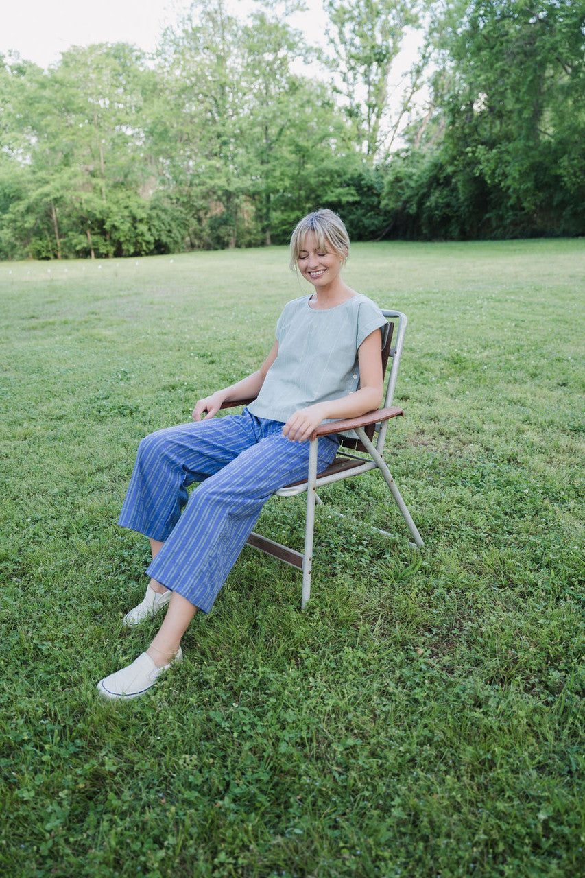 Katie Handwoven Cotton Periwinkle and Silver Separates - M Cropped Pants