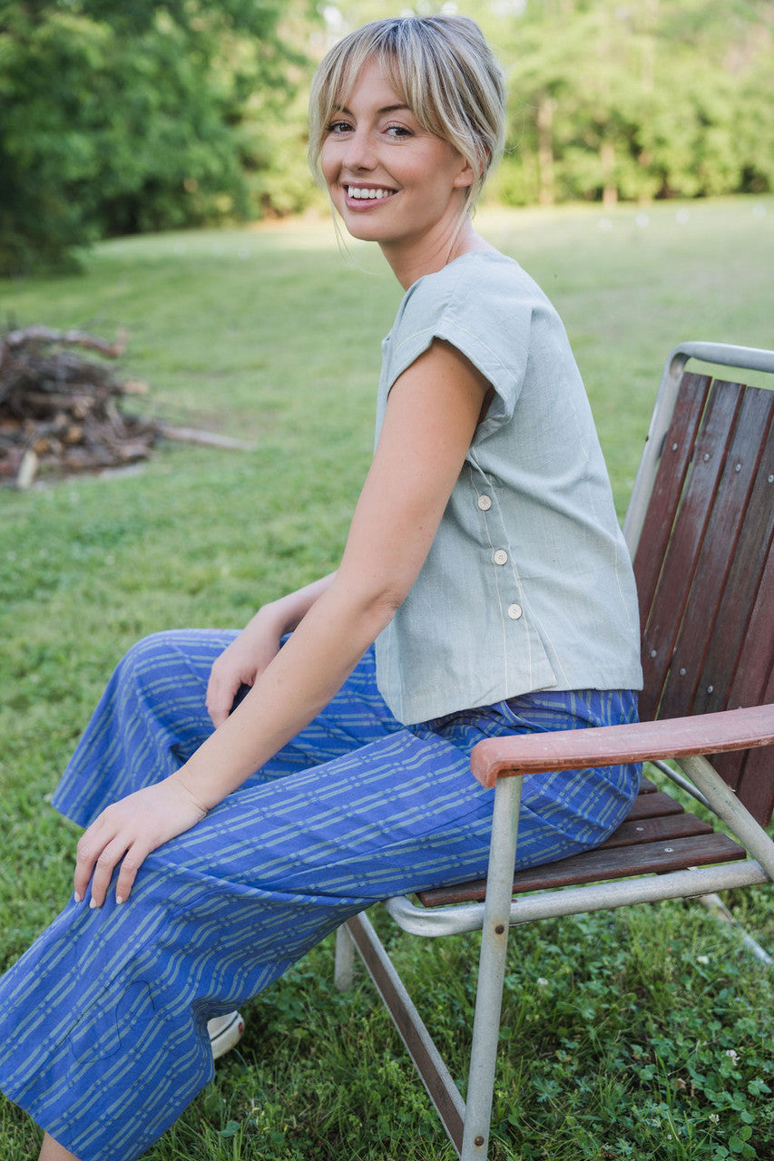 Katie Handwoven Cotton Periwinkle and Silver Separates - M Cropped Pants