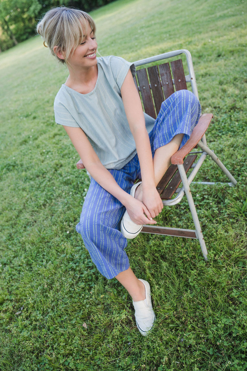 Katie Handwoven Cotton Periwinkle and Silver Separates - M Cropped Pants