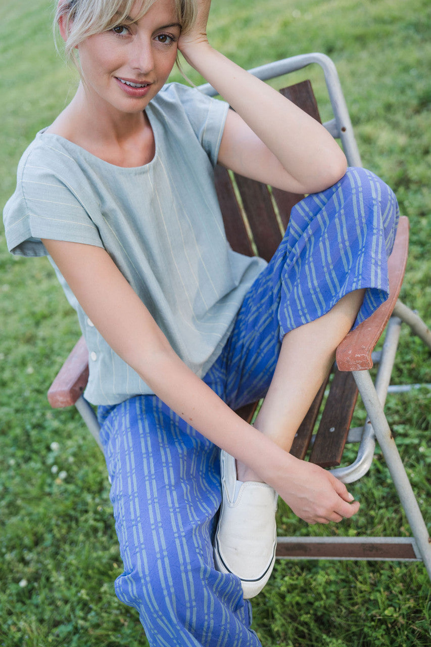Katie Handwoven Cotton Periwinkle and Silver Separates - M Cropped Pants