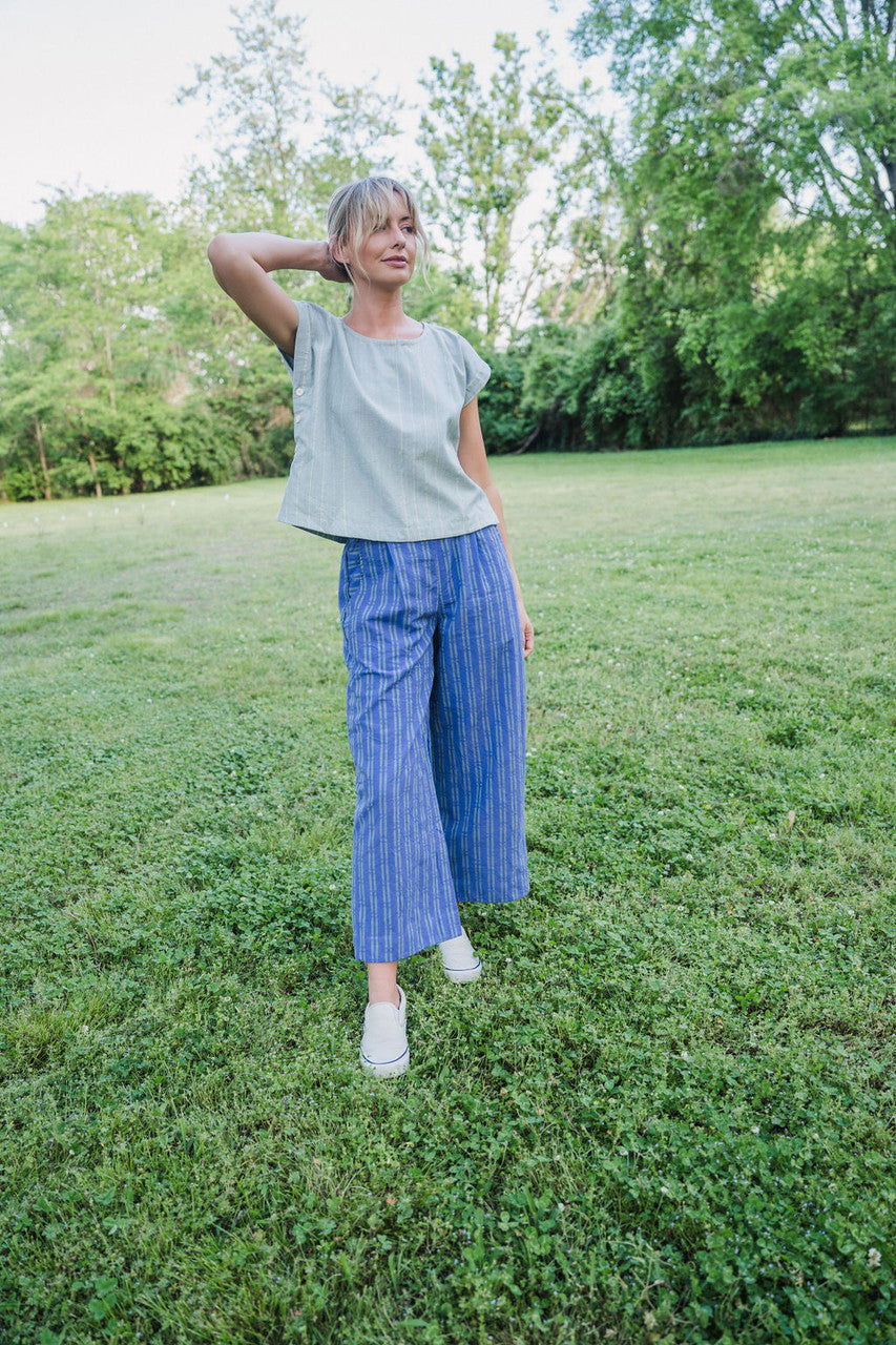 Katie Handwoven Cotton Periwinkle and Silver Separates - M Cropped Pants