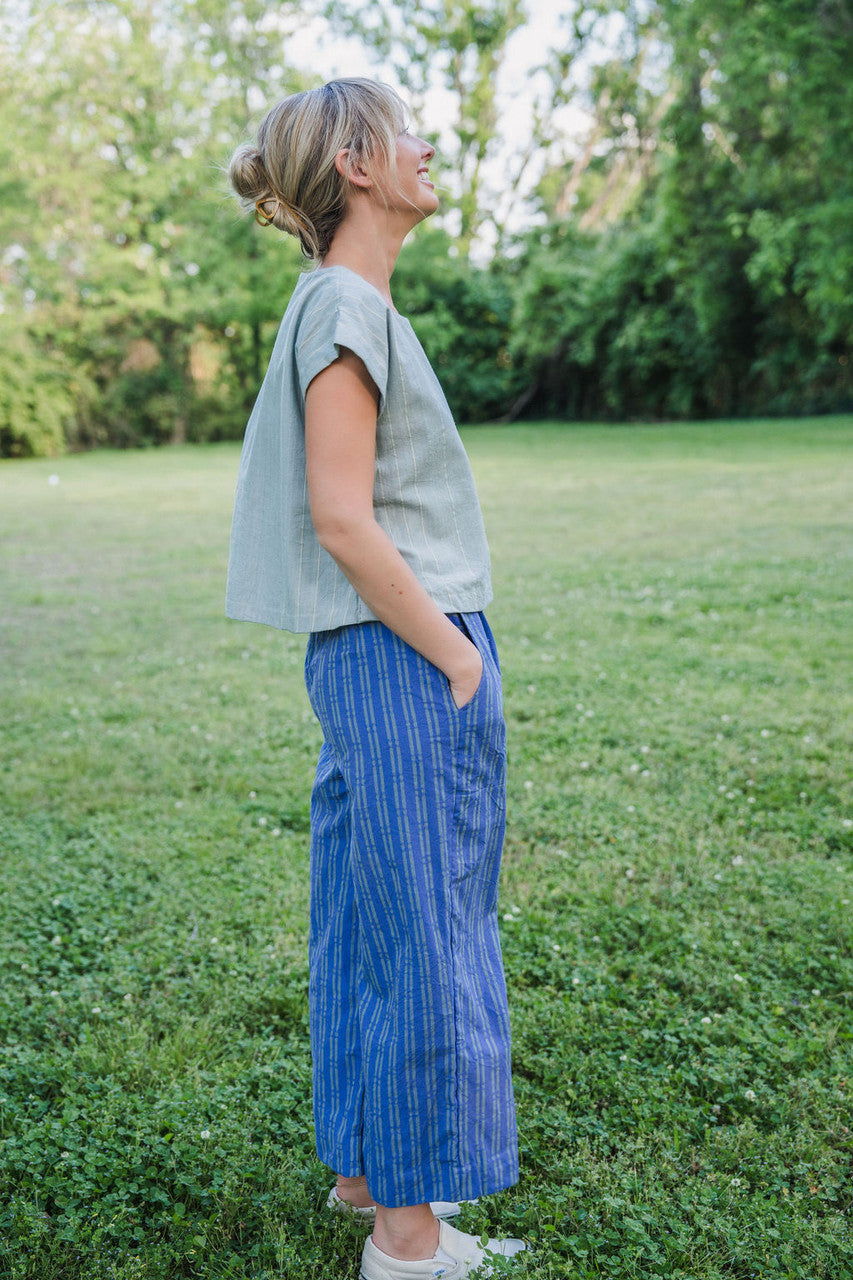 Katie Handwoven Cotton Periwinkle and Silver Separates - M Cropped Pants