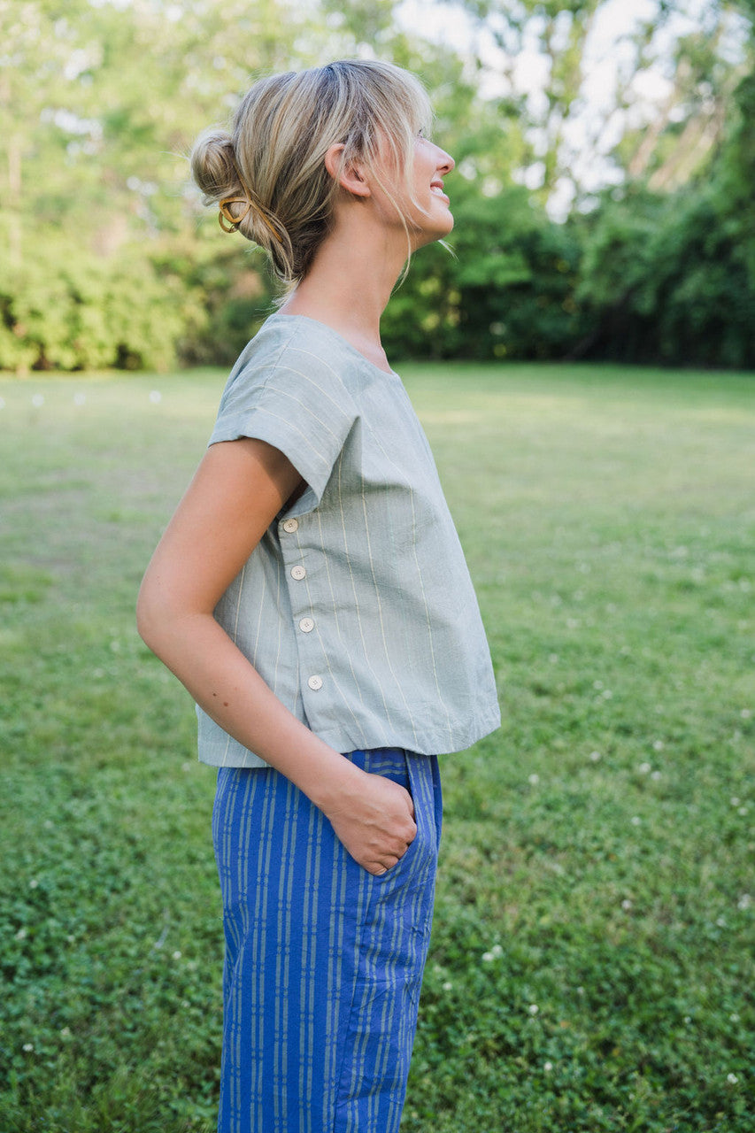 Katie Handwoven Cotton Periwinkle and Silver Separates - M Cropped Pants