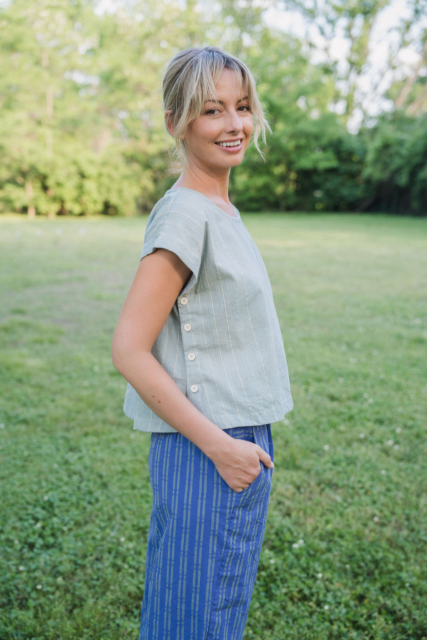 Katie Handwoven Cotton Periwinkle and Silver Separates - M Cropped Pants