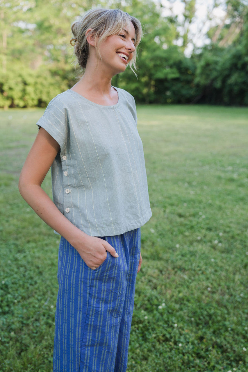 Katie Handwoven Cotton Periwinkle and Silver Separates - M Cropped Pants