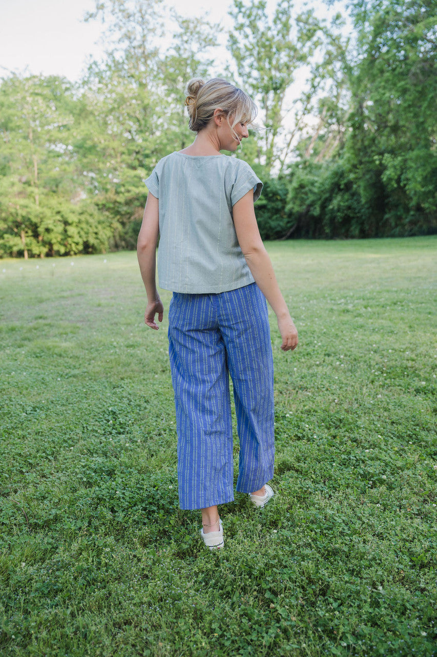 Katie Handwoven Cotton Periwinkle and Silver Separates - M Cropped Pants