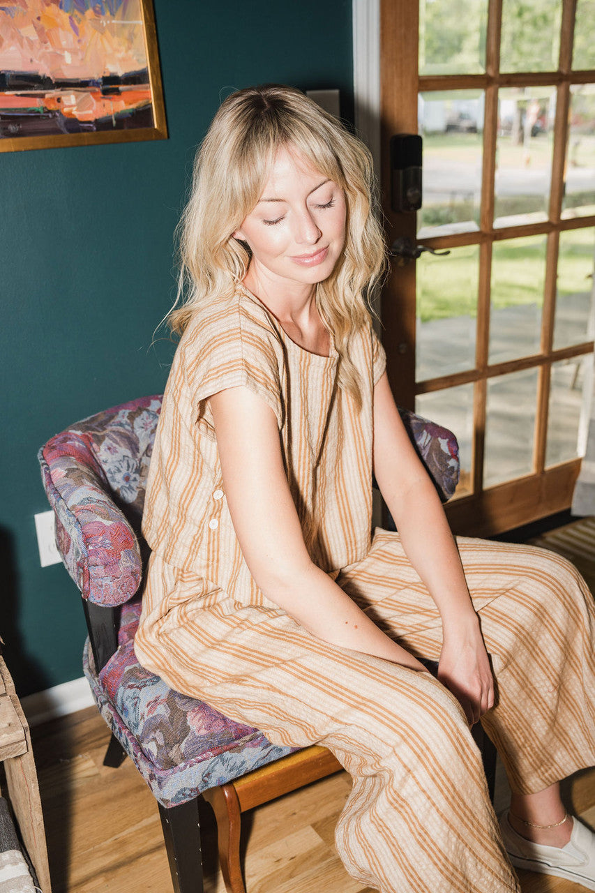 Katie Handwoven Cotton Set in Mustard and Cream Stripe - S and M Pants Left
