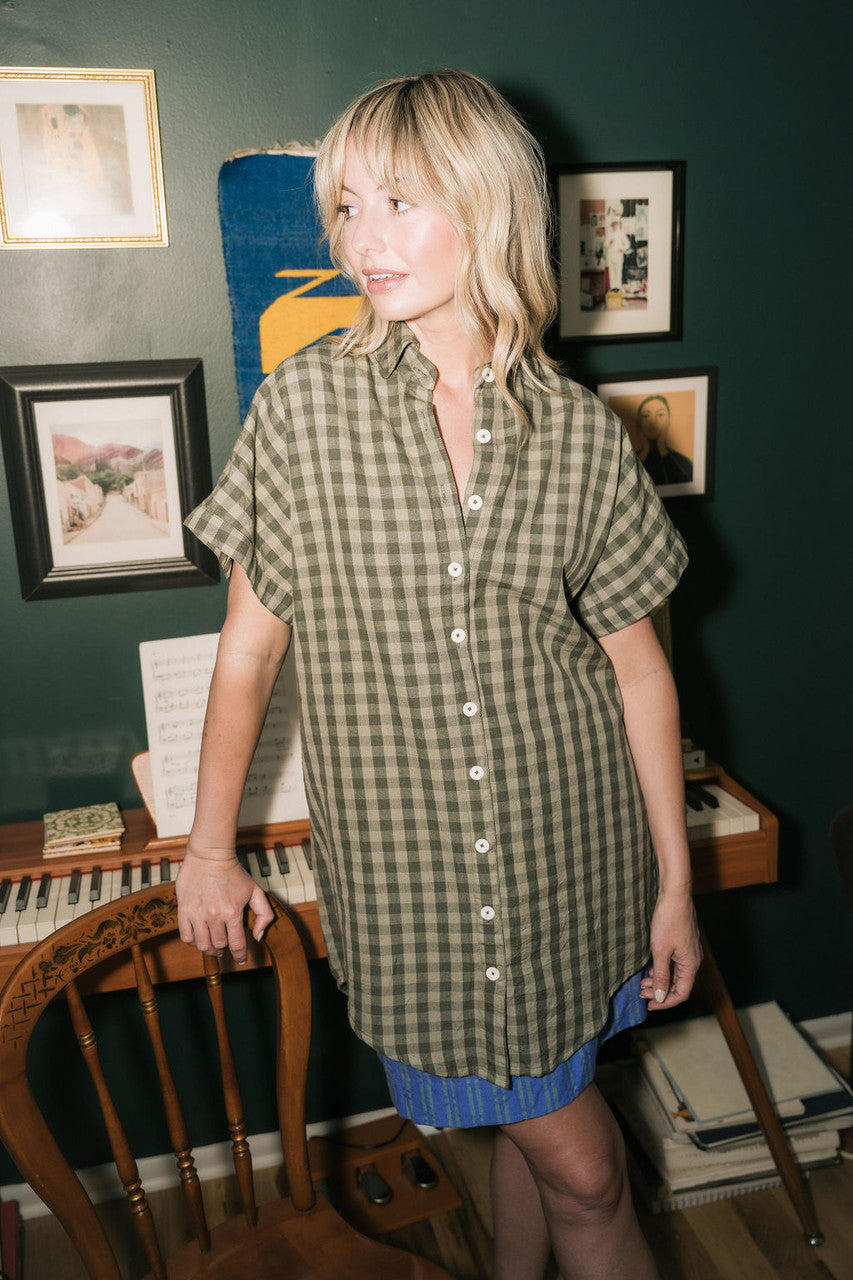 Paige Handwoven Cotton Relaxed Shirt Dress in Green Gingham - L, XL and XXL Left