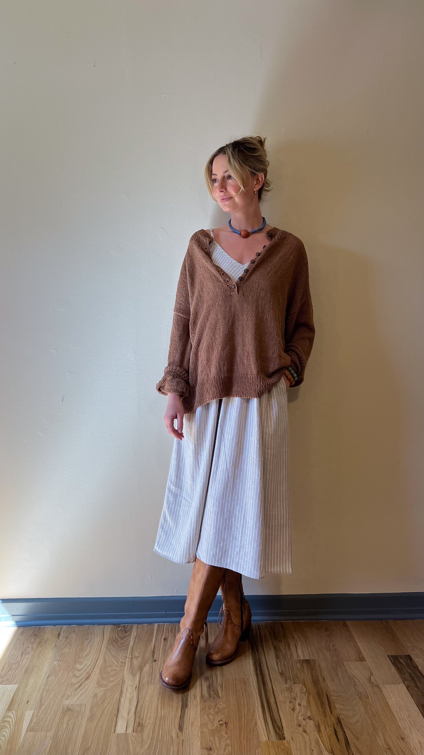Faro Dress in Recycled Beige and White Linen