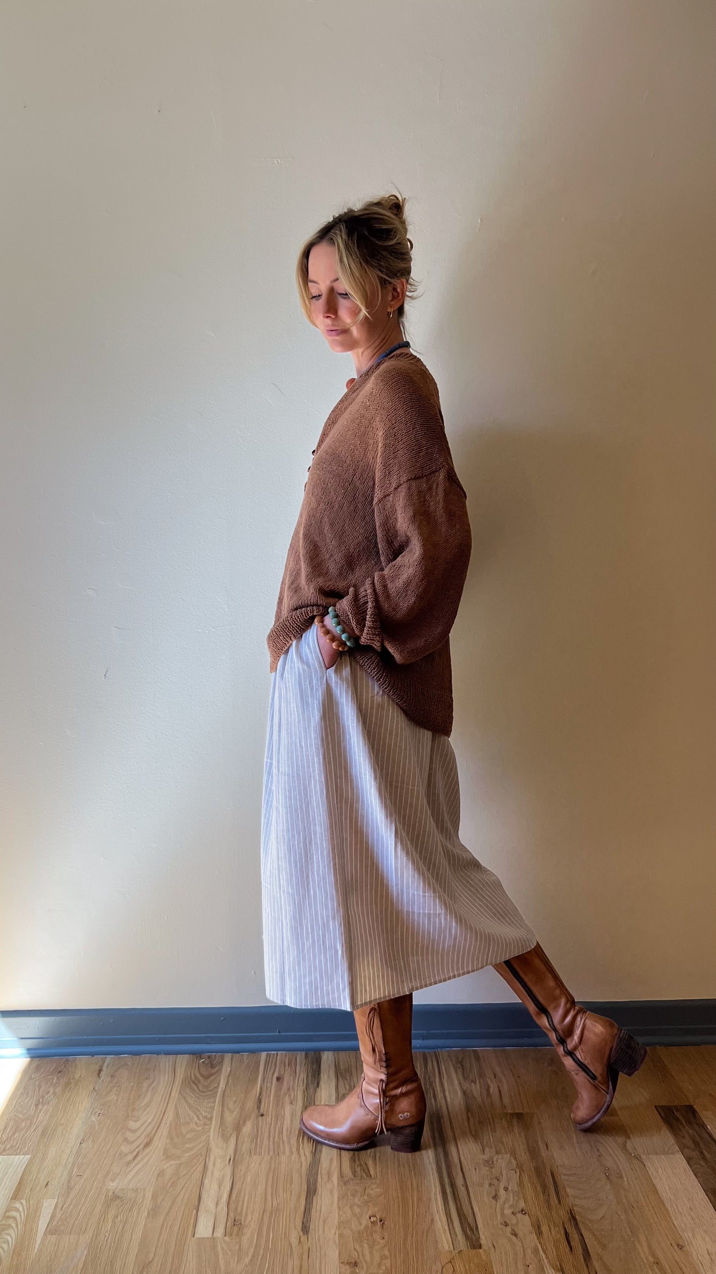 Faro Dress in Recycled Beige and White Linen