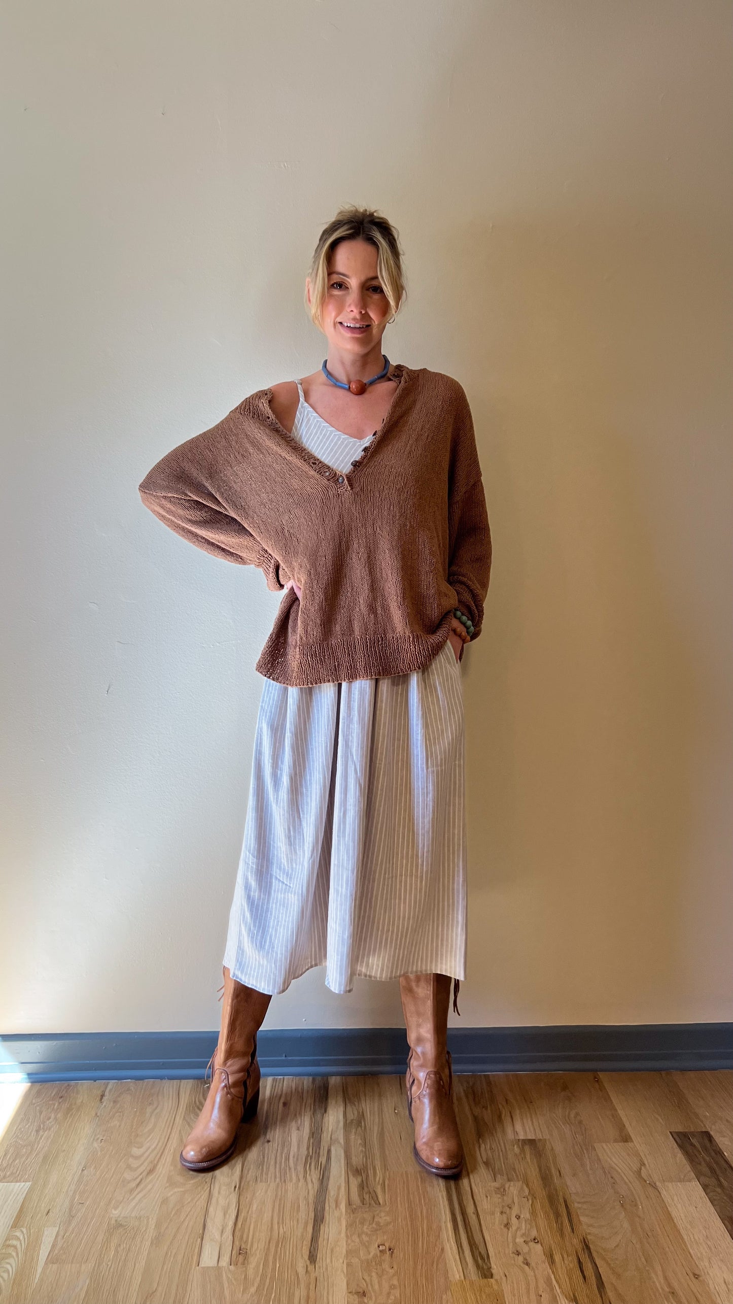 Faro Dress in Recycled Beige and White Linen