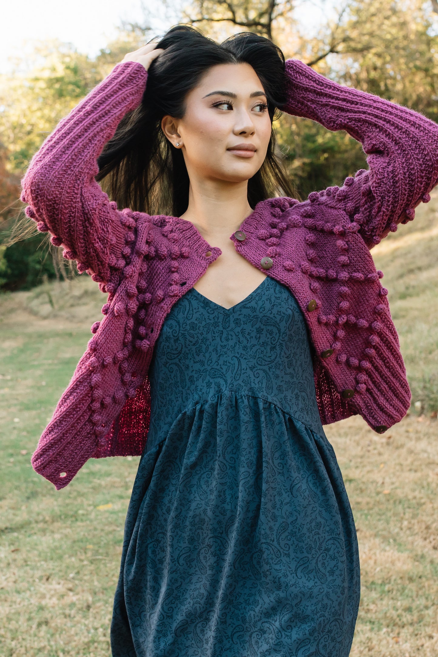 Hand Knit Nepali Wool Jill Sweater in Fuchsia Made to Order