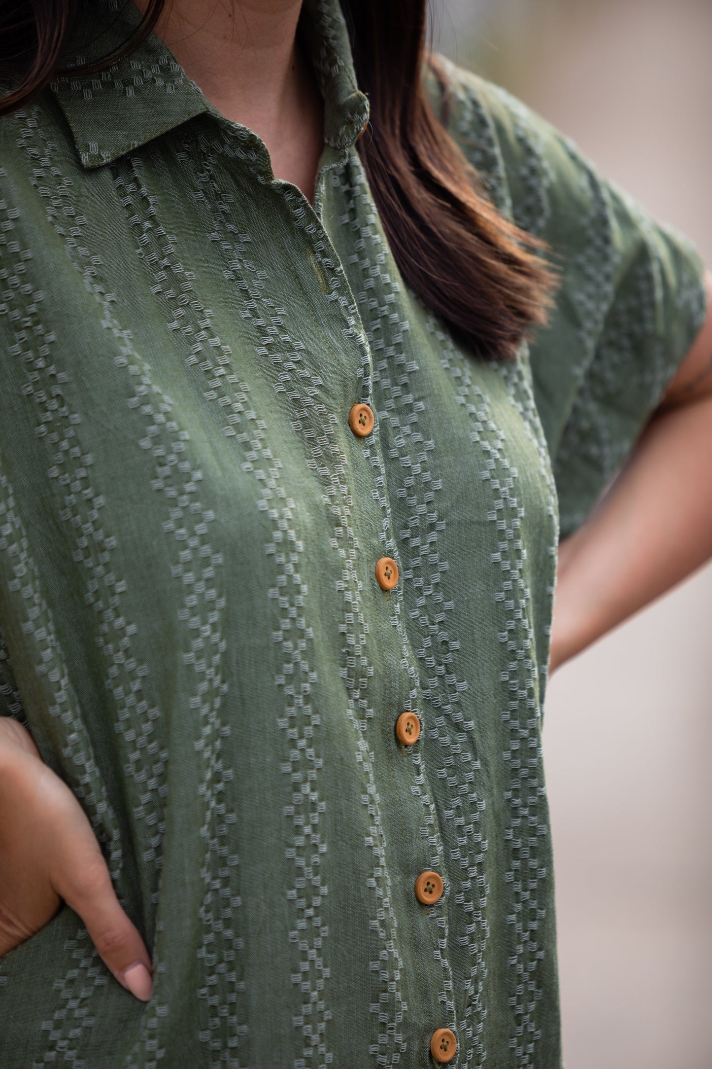 Paige Handwoven Cotton Relaxed Shirt Dress in Green Check - S Left