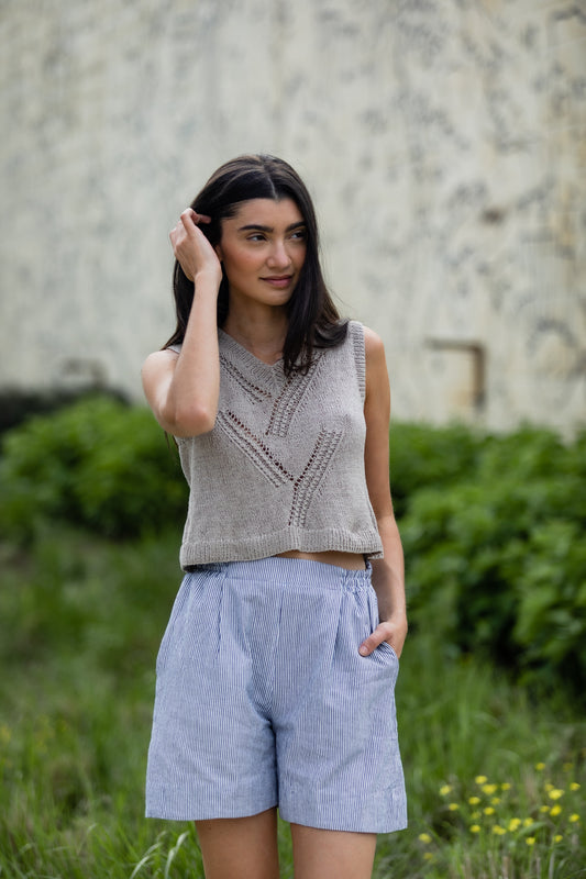 Handwoven Cotton Katie Crop Pants in Blue and White Pin Stripe